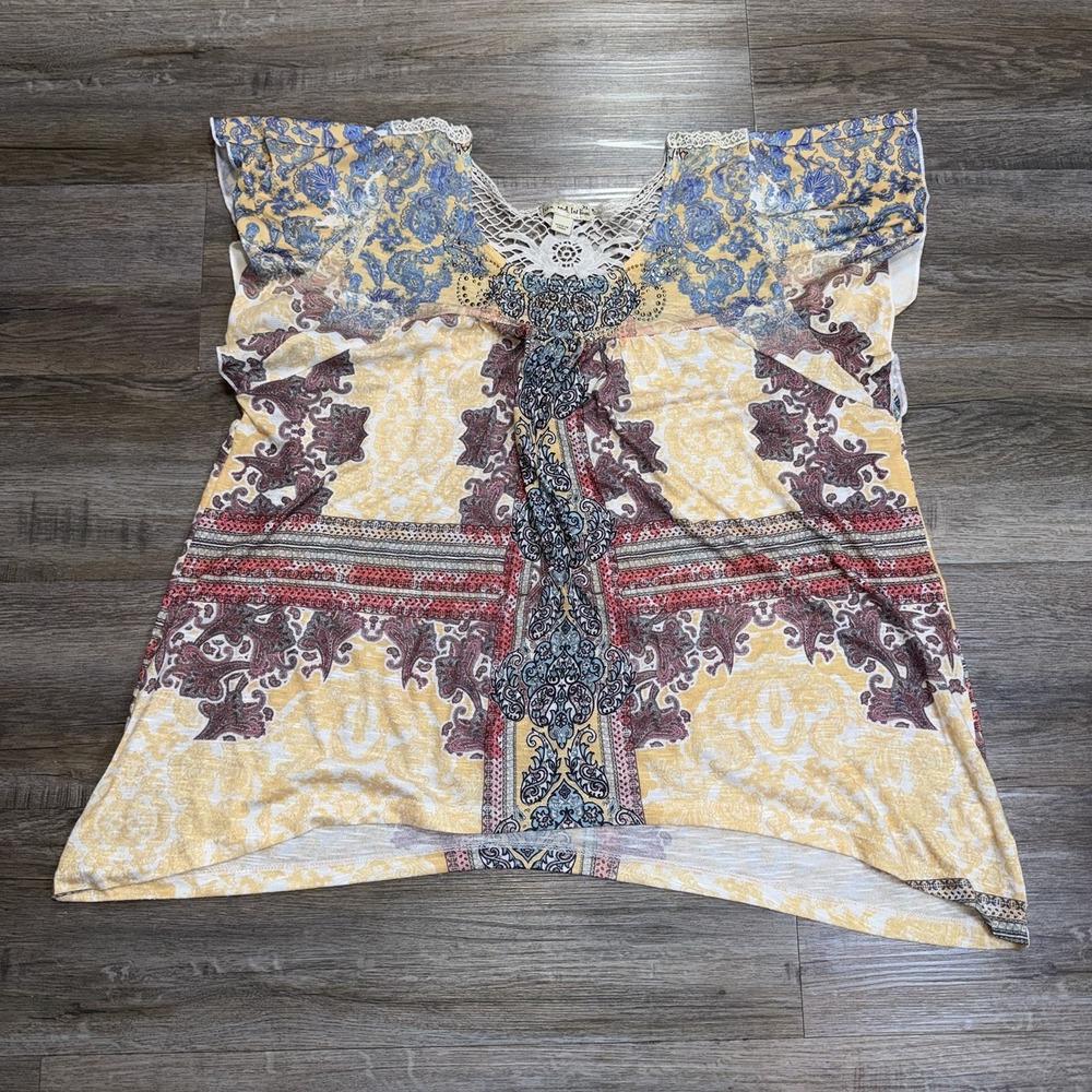 Live & Let Live Yellow Floral BoHo Crochet Knit Top Womens XL Paisley Patterns